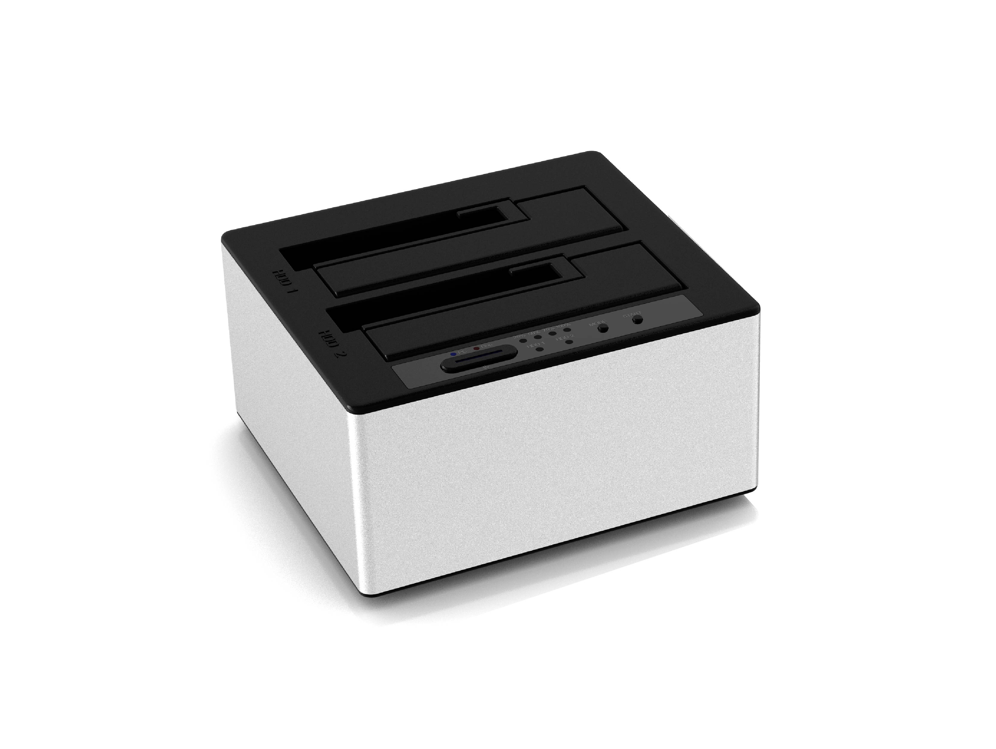 2 Bay SATA SSD/HDD Duplicator (SI-7925US31C-D), applicable 2x 3.5" or 2.5" SATA HDD/SSD, support PC Mode & Clone mode switchable, USB-C 10Gbps to host.